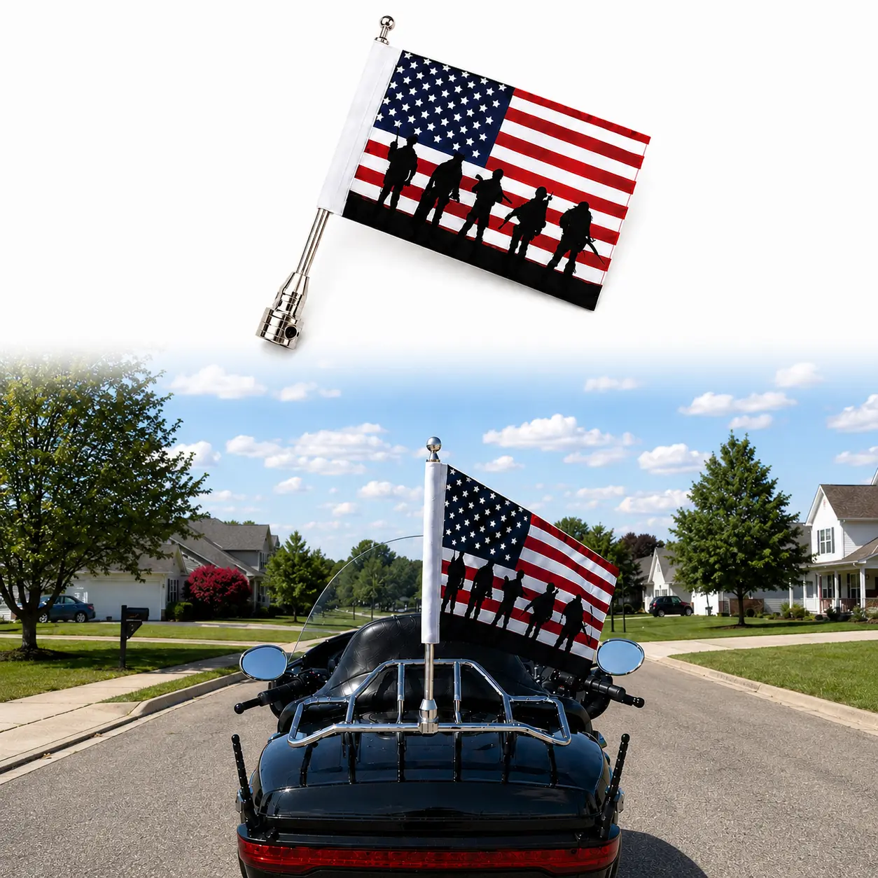 Motorcycle American Flag Pole Mount Kit with Chrome Aluminum Alloy Mast and Textile Flag, 390mm Flagpole 270x170mm Banner with Luggage Rack Mounting Hardware for Harley-Davidson Touring Cruiser Bikes with 8mm Bolt Hole, motoparts