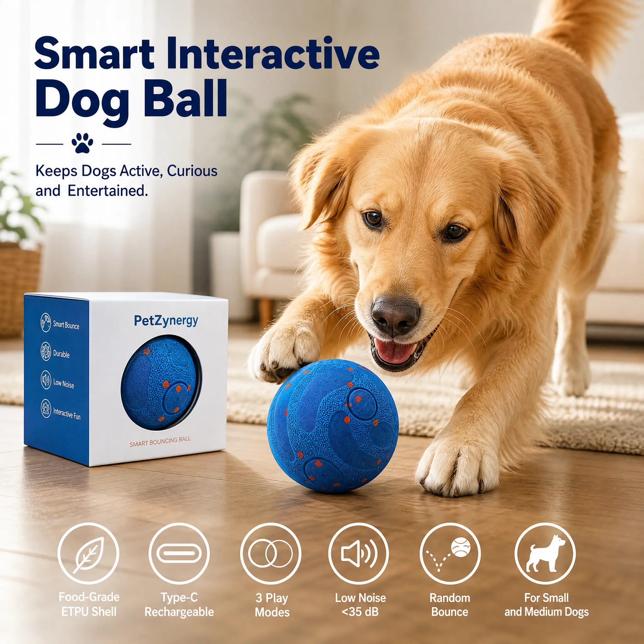 Motion-Activated Smart Dog Toy Ball for Small Medium Large Dogs (Keeps Dog Busy When Away), Automatic Bouncing & Rolling Play Companion, Durable Non-Toxic e-TPU Type-C Rechargeable Boredom Relief Toy, Chew Toy Balls, Self-Moving Balls