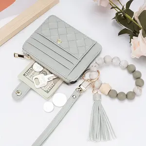 Keychain Wallet with Bracelet RFID Blocking Wristlet Credit Purse Card Holder Silicone Bead Tassel Key Ring for Women Grey