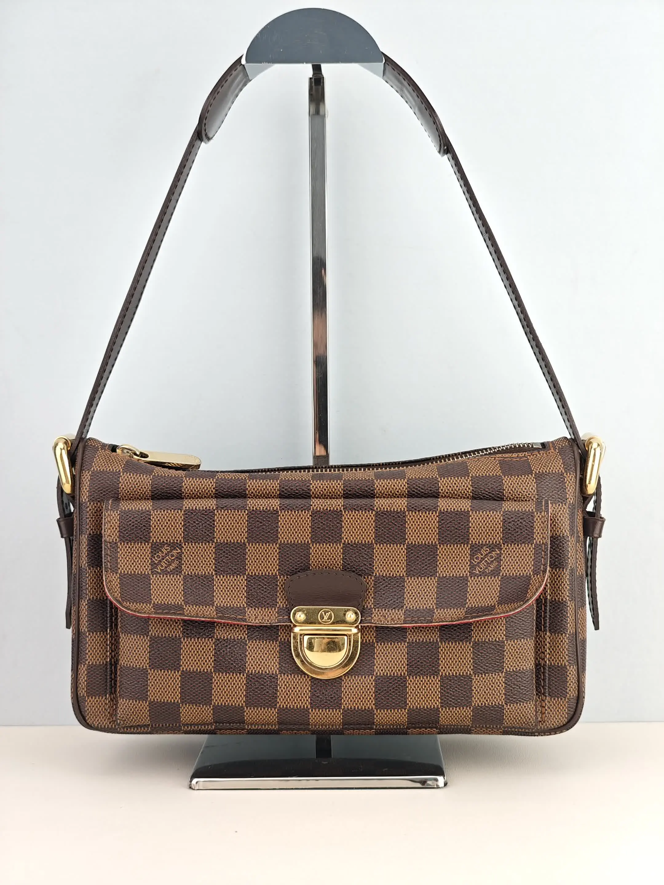 Pre-owned Damier Ebene coated canvas with chocolate leather trim Shoulder Bags Louis Vuitton Damier Ebene Canvas Ravello GM Bag【VI0036】