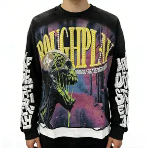 Roughplay American Cotton Retro Style Long Sleeve T-Shirt Washed Vintage Jesus Skull Graphic Oversized Tee Rockabilly Streetwear Aesthetic Fall Winter Unisex Top