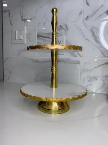 GOLD TWO TIERED MARBLE CAKE STAND