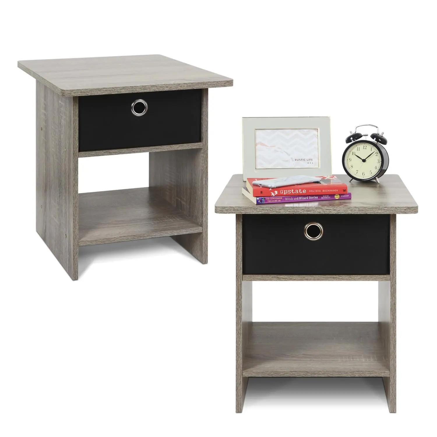 DARIO 2-Piece French Oak Side Table Set – Casual, Combo, Low-Toxic, Mid-Size End Tables with Practical Storage Bin, Open-Back Shelf, Rounded Corners for Bedrooms, Small Spaces, Casual End Tables