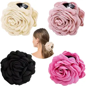 4 Rose Flower Claws Clips Large Hawaiian Hair Floral Clip Roses Claw Hairpin Fabric Silk Pin Non Slip Blooming Flowers For Women