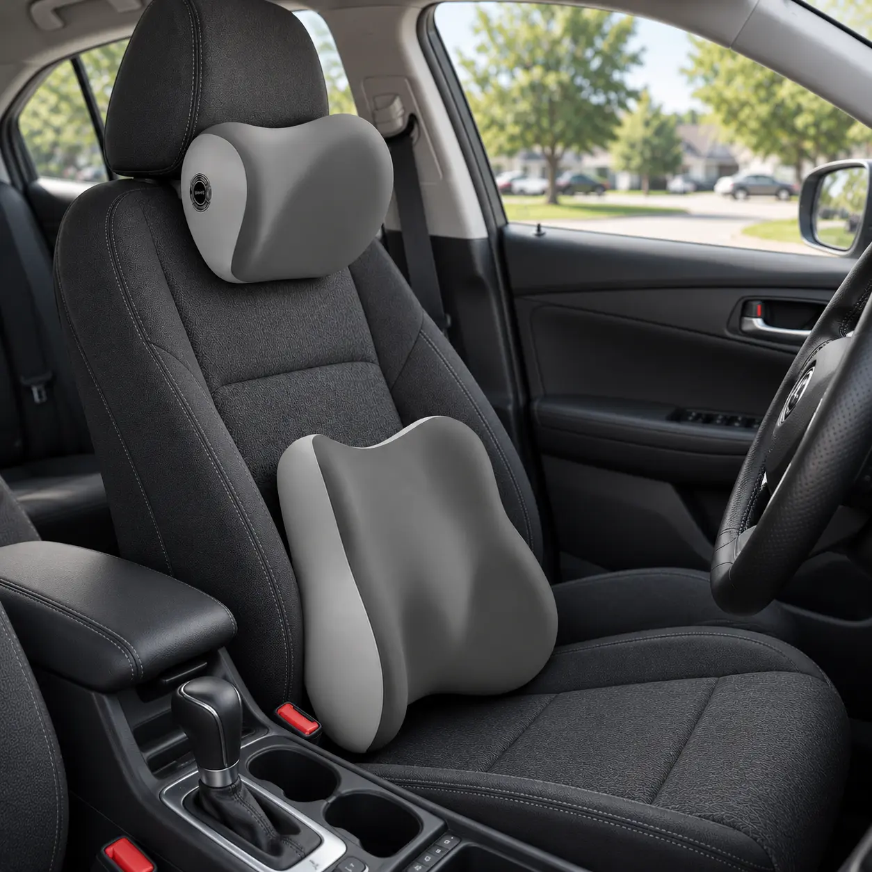 2-Piece Car Neck Pillow & Lumbar Support Set, Memory Foam Headrest and Back Cushions with Adjustable Straps for Driving