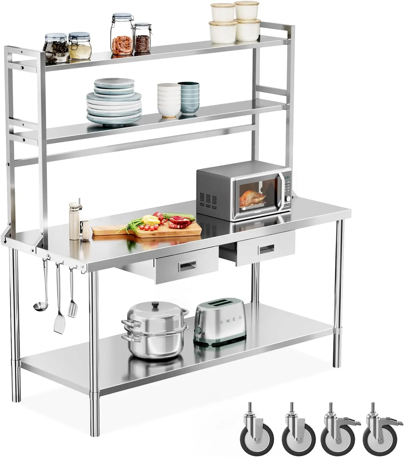ROVSUN Stainless Steel Table with Wheels & Overshelves 60" X 24", NSF Commercial Heavy Duty Pre Table with Drawers & Adjustable Undershelf,Metal Table with Detachable Hooks for Kitchen Restaurant