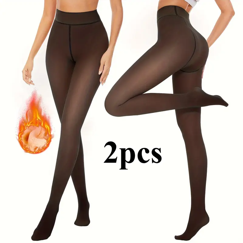 2pcs Women's High-Waist Fleece-Lined Tights Soft Warm Stretchy Semi-Sheer Black Pantyhose for Fall Winter Comfort Style Valentine's Day Gift for Wife Girlfriend - Fit