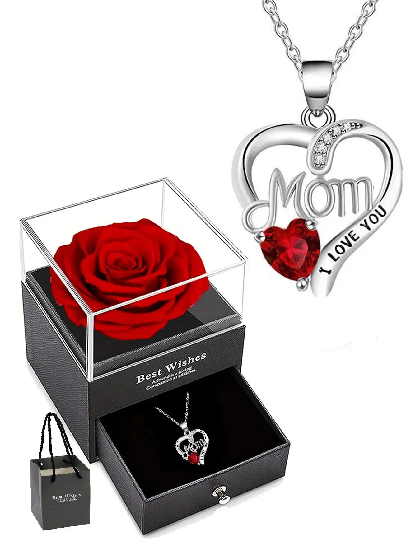 Heart Zircon Pendant Necklace, Hearts Pendant Necklace, Eternal Rose Gift Box, Mother's Day Jewelry, Anniversary Gift, Wife Birthday Present, Elegant Women's Necklace, Heart Design Necklace
