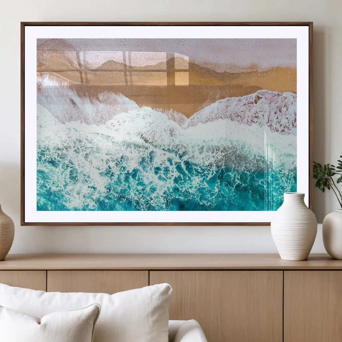 Framed Aerial Beach Coastal Scene Canvas Print - Artistic Wooden Wall Art, Decorative Wall Decor for Room Home Supplies, Fade Resistant, Hand-Stretched