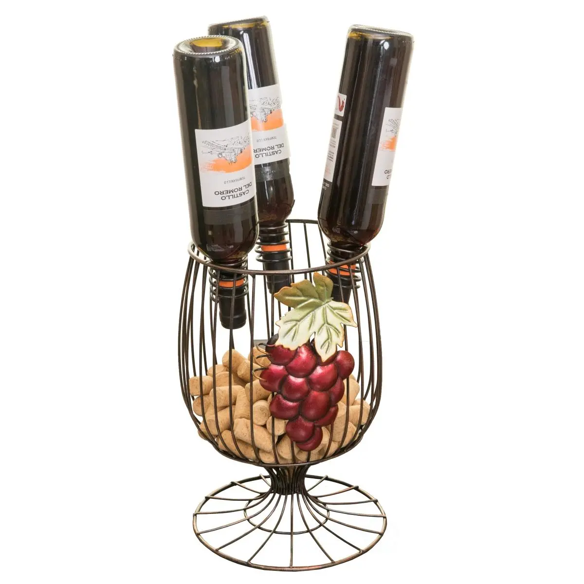 Vintiquewise Art Deco Bronze Finish Goblet-Form Freestanding Vintage Wine Rack, 25" h x 8.25" w x 7.5" d, 7 lbs Metal Wire Decor with Grape Accent, Holds 3 Bottles, Kitchen-Bar Room Decor, Wine Connoisseurs Gift
