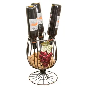 Vintiquewise Art Deco Bronze Finish Goblet-Form Freestanding Wine Bottle & Cork Holder, 25x8.25x7.5 in., Metal Wire Decor with Grape Accent, Holds 3 Bottles, for Kitchenware & Bar Use