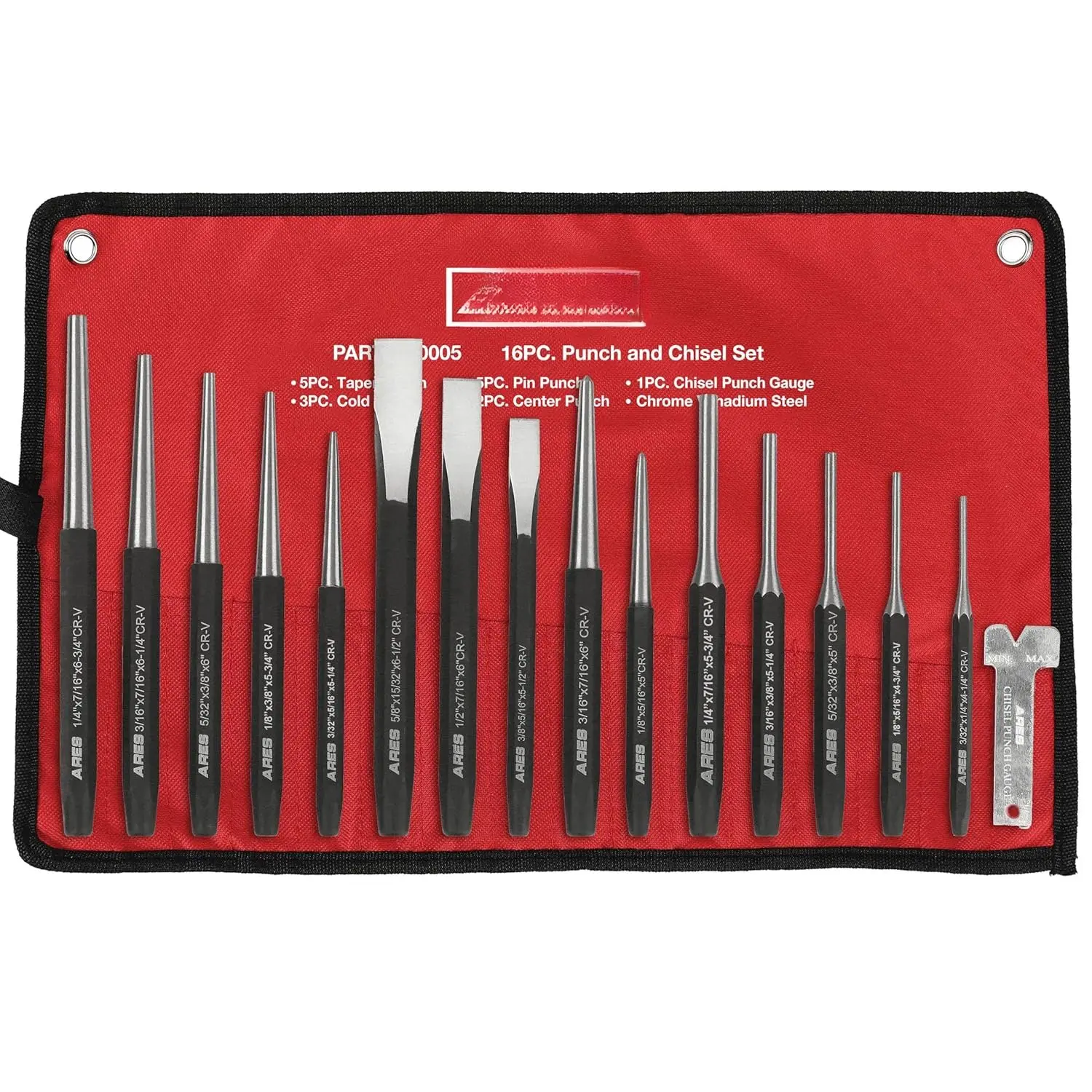 50005-16- Punch and Chisel Set - Tapered, Pin, Center Punches & Cold Chisels for Various Applications, 16-Piece Punch And Chisel Set