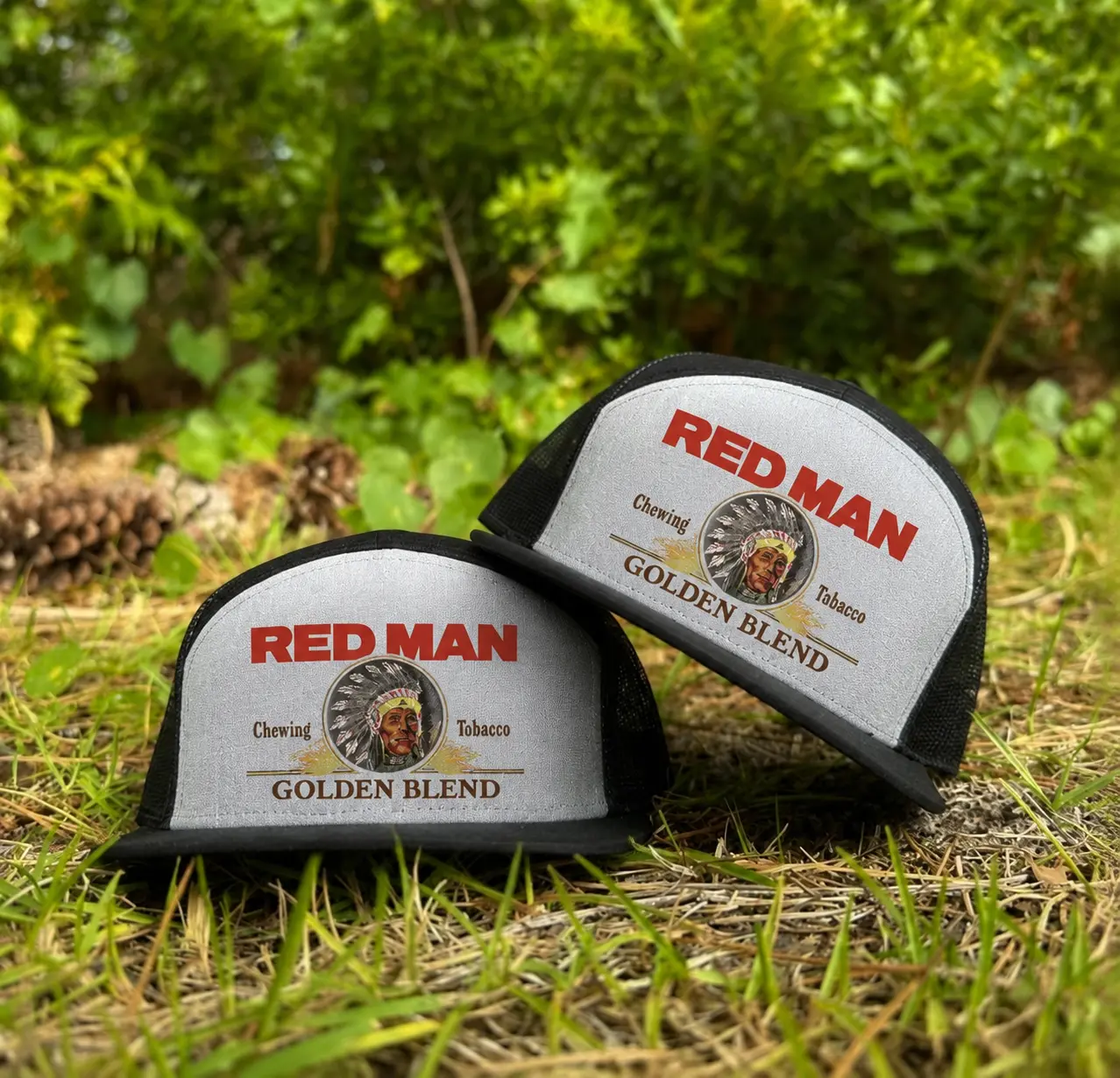RM Chewing Tob@cco Trucker Hat -Golden Blend Summer Drinking 7 Panel Cap Tan Camo Snapback Hat for Hunting and Partying Vintage Gift For Him