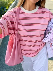Women's Casual Striped T-Shirt, Stripes, Round Neck Short Sleeve, Loose-Fitting, Summer Daily Wear, Feminine Style Top