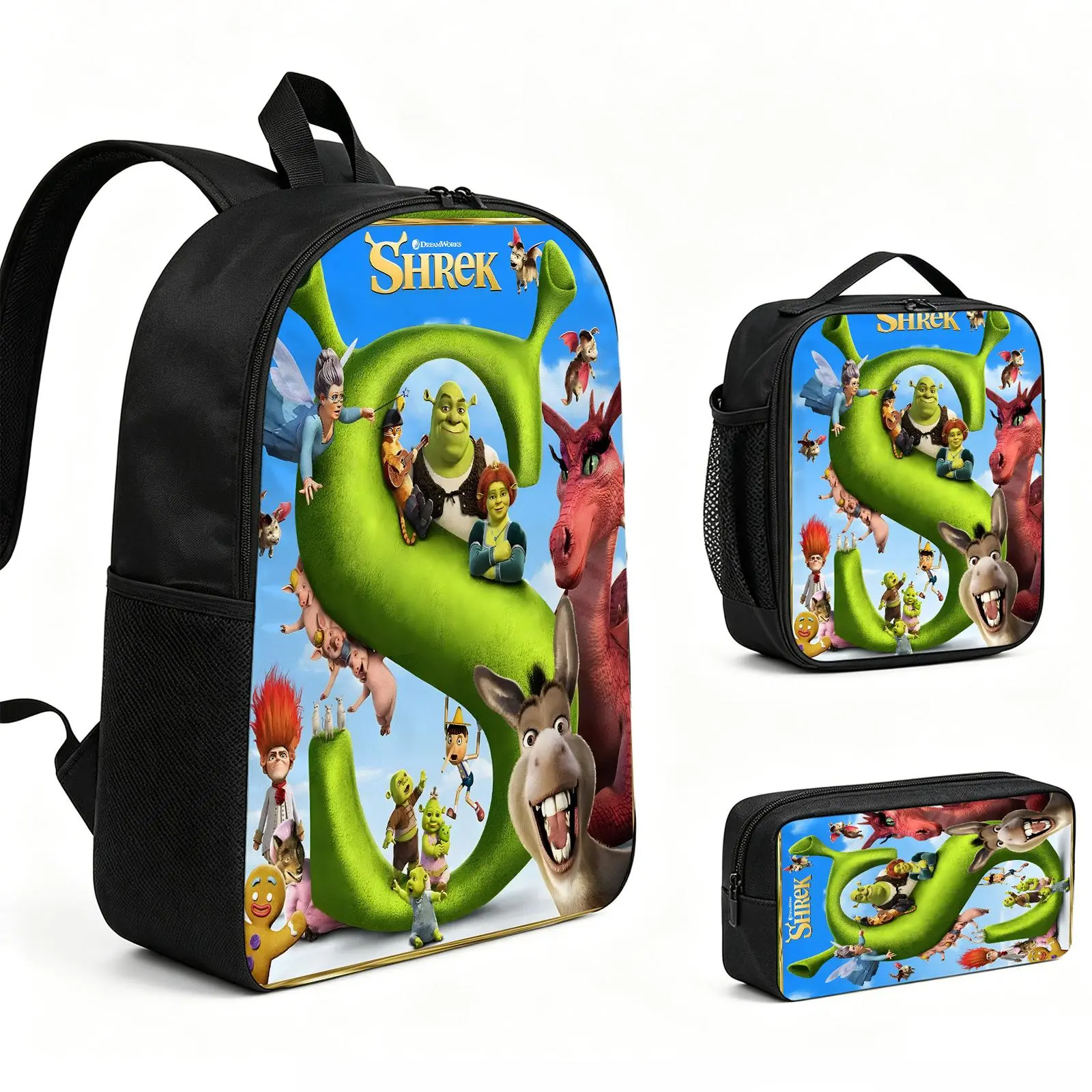 Shrek 3pcs Backpack Set - Vibrant Print, Durable Back to School Haul Bookbag with Insulated Lunch Tote, Pencil Bag, Adjustable Shoulder Strap, Built-in Organizer, Holiday/Birthday Gift for Teens (Model L-150)