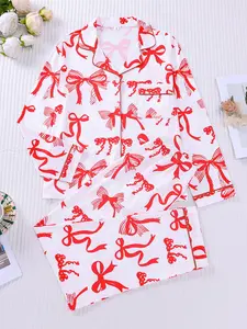 2-Piece Set with Bow Print, Long Sleeve, Long Pants, Small Pockets, Button Closure, Soft & Comfortable, Skin-Friendly, Smooth Elastic Waistband, Suitable for Year-Round Home Wear, Everyday Clothing, and Sleepwear, Pajamas