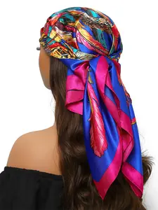Women's Luxury Printed Scarf, 90x90cm Square Silk Shawl, Fashionable Neck Wrap for All Seasons, Travel Accessory, 35.4 Inch