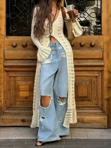 Women's Beige Solid Hollow Knitting Long Cardigan, Pure and Seductive Aesthetic Hollow Knitwear, Bikini/Sundress Outerwear, Buttoned Flared Sleeve Style, Bohemian Boho Style, Summer Outfit, Suitable for Beach, Sand, and Town Roaming, Womenswear