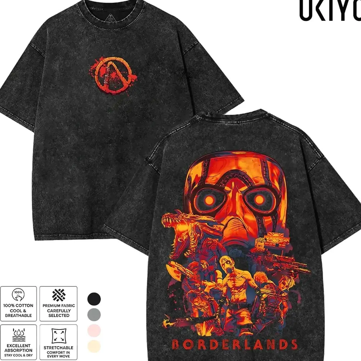 Borderlands 4 T-Shirt Psycho Mask Vault Hunter Graphic Tee Vintage Acid Wash Heavyweight Cotton Oversized T-Shirt Looter Shooter Gaming Merch Streetwear Top USA 5SR