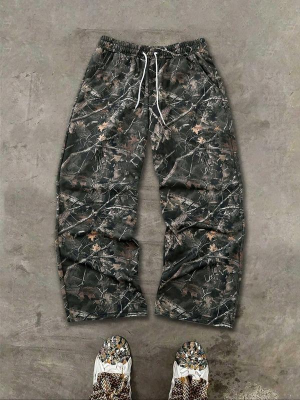 Men's Casual Camo Long Pants, Loose-Fit Drawstring Wide Leg Joggers, All-Season Comfortable Fabric, Perfect for Everyday Wear, Casual Street Pants