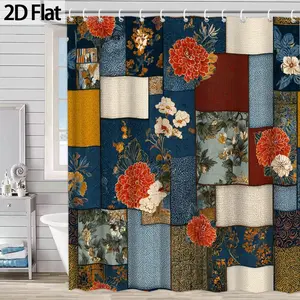 1pc Polyester Garden Straight Floral Patchwork Bathtub Curtain, Elegant Design, Water-Resistant Shower Divider with Hooks, Suitable for Home Bathroom Decor