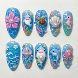 yonne Blue Ocean Sea Life Press-On Nails, 3D Shark, Turtle, Shell & Jellyfish Design, Cute Aquarium Theme Nails