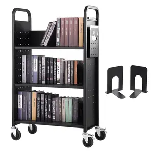 VEVOR Book Cart,  330 lbs Library Cart, 31.1" x 15.2" x 49.2" Rolling Book Cart, Single Sided L-Shaped Flat Shelves with 4-Inch Lockable Wheels for Home Shelves Office and School, Book Truck in Black Organiser Racks