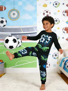 Boys' 2-Piece Football Printed Long Sleeve Pajama Set, Casual Fitted Sleepwear for Spring & Fall, Pajama Pattern All over Print Home Wear, Pajama Outfit