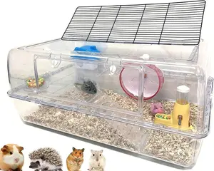 28” X-Large 2-Tiers Acrylic Clear Hamster Mouse Deluxe Palace House Habitat with Large Running Wheel Water Bottle Tower Food Bowl Hide House Deep Base Ground Expandable Outlet