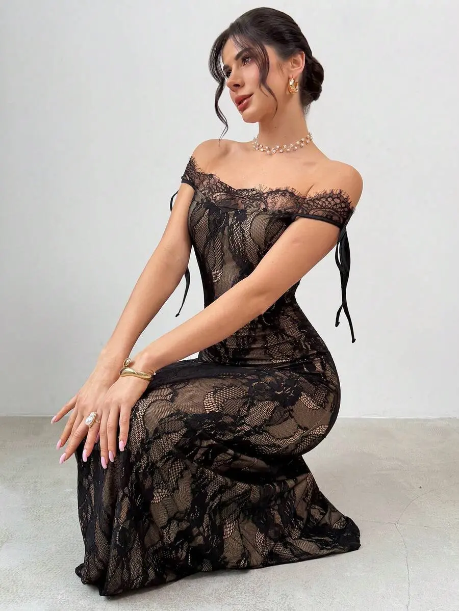 Black Lace Bustier Bodycon Maxi Dress for Women Long Sleeve Elegant Evening Gown