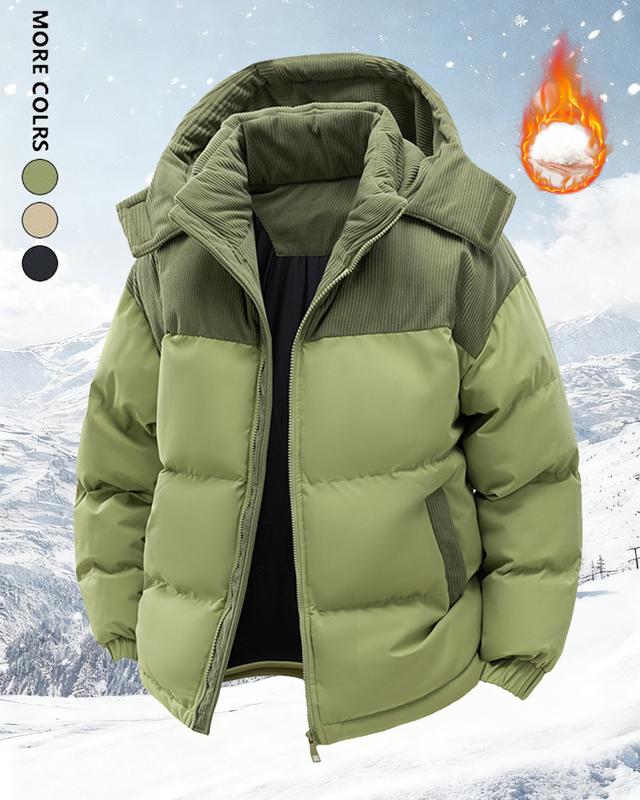 Men's winter hooded casual fluffy wool-lined cotton jacket with detachable pocket cap, warm color-block cotton coat suitable for various occasions such as daily casual wear and weekend outings. style