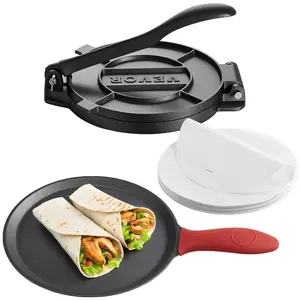 10-Inch Heavy Duty Cast Iron Tortilla Press, Summervibes Tortilladora Roti Maker Pataconera with Handle Grip & 100-Pcs Parchment Set, Dough Press Tool for Flour Tortillas