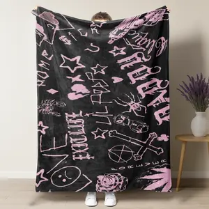 Lil Peep Pink Graffiti Flannel Blanket,Peep's World in Pink & Black,Hip Hop Singer Merch Cozy Blanket,Soft Warm Lightweight Nap Blanket for Home Office Travel Camping