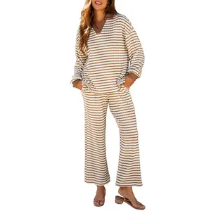 Mntaor Womens Winteroutfit Loungewear Set Stripe Knit Outfit Collared Sweater & Wide Leg Drawstring Pants Comfortable & Stylish