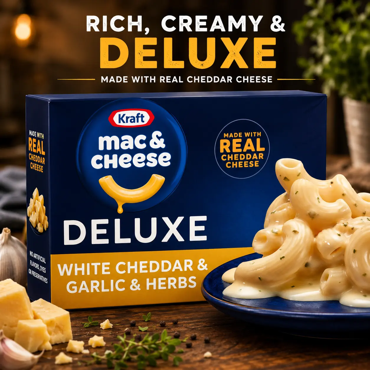 White Cheddar Mac & Cheese with Garlic & Herbs, No Artificial Flavors or Dyes, 11.9 oz