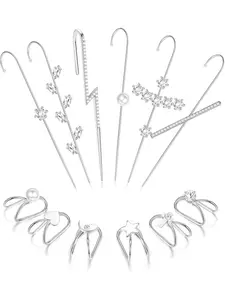 12Pcs Ear Wrap Crawler Hook Earrings for Women Golden Silvery Ear Cuff Earrings Climber Piercing Ear Cartilage Clip On Earrings