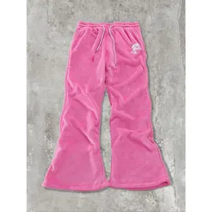 Unisex Solid Color Letter Embroidery Drawstring Waist Fuzzy Sweatpants, Thermal Warm Casual Comfy Pocket Design Flare Leg Trousers for Daily Wear, Unisex Bottoms for All Seasons, Baggy Jogging Pants