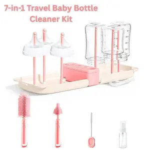 7-in-1 Travel Baby Bottle Cleaner Kit, All-in-One Bottle & Breast Pump Brush Set, Portable Baby Bottle Cleaning & Drying System, Pink