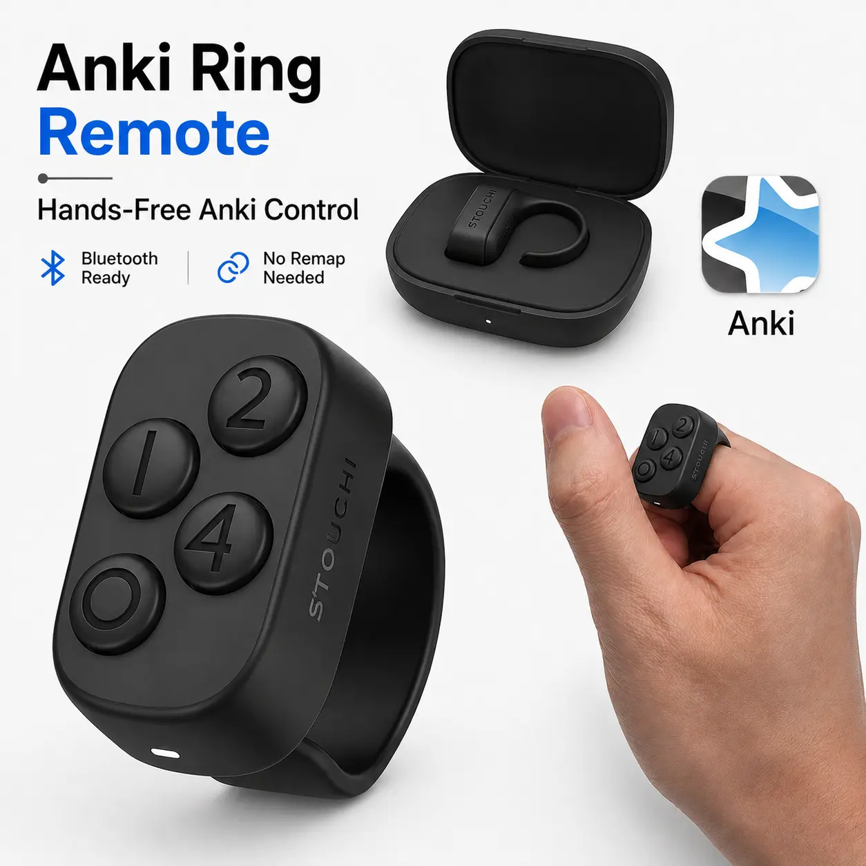 Anki 2.0 Ring Remote Controller, Bluetooth 1-Hand Flashcard Accessory for iPad, Mac, Windows, Charging Case Included, 140H Automatic Studying Battery Life, Camera Accessories