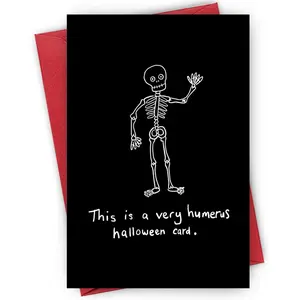 Humerus Halloween Card - Playful Skeleton Waving with Bold Bone Pun, Minimalist Black & White Line Art, Perfect for Halloween, Perfect Gift for Anatomy Nerds & Pun Lovers