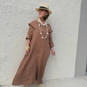 La Duna Elegant Oversized Linen Maxi Dress XS-1XL with Side Pockets, Structured Statement Collar and Relaxed One Size Fit from XS to Large – Timeless Earth Tone Long Sleeve Resort Style Dress for Effortless Mediterranean Chic Looks
