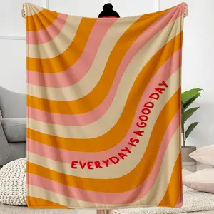 1pc Fleece Blanket Orange Pink Wave Pattern Daily Good Vibes Text Design Cozy Soft Durable All Seasons Sofa Bed Travel Camping Home Decor for Adults Couples Indoor Use