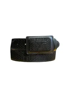 Cinto Vaquero Bordado Piteado Negro Toro Black Western Style Embroidered Bull Leather Belt