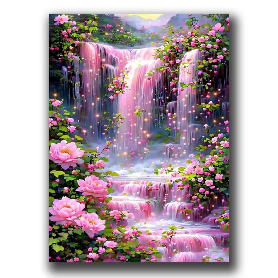 Flower Waterfall Diamond Art Kit for Adults, Full Round Drill DIY Diamond Pattern Design Diamond Painting Landscape, Beginner DIY Craft for Home Decor Gift, Wall Art Painting