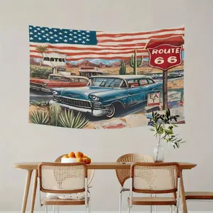 Route 66 Retro Americana Tapestry Wall Hanging - 1Pc 23.6x35.4in Horizontal Durable Lightweight Smooth Fabric Artwork, Vintage Cars Motel Desert Landscape Decoration, Wedding Gift for Living Room Bedroom, No Electricity Artistic Craft