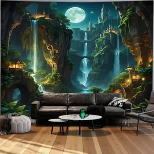 Mountain Waterfall Backdrop Fantasy Landscape Backdrop Moonlight Castle Scene Background Cloth Scenic Tapestry Wall Hanging Photography Background Polyester Fiber Bedroom Living Room Party Event Studio Decor Prop Wall Art