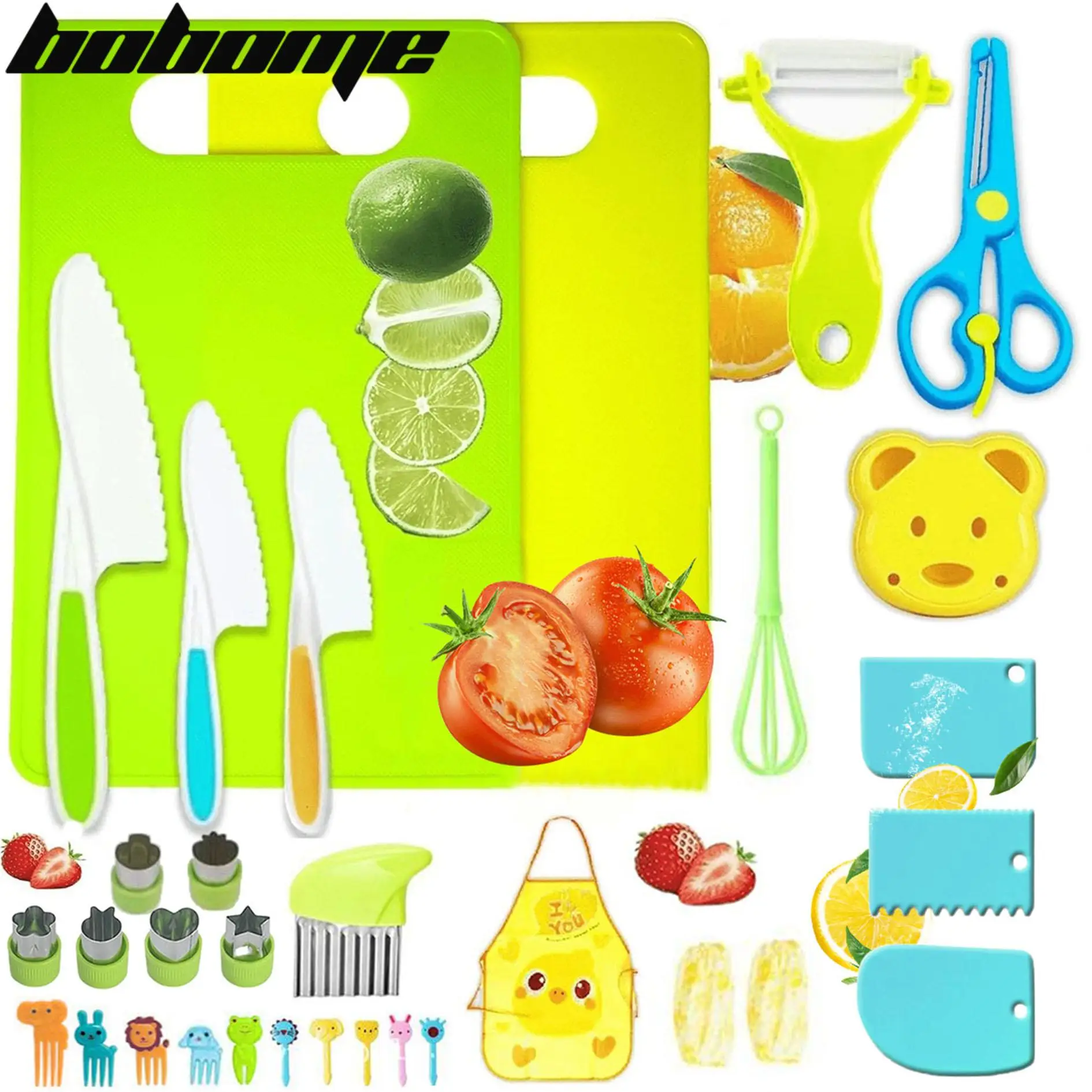 BOBOME 32 Pcs Kitchen Knife Set for Vegetables, Fruits, Cheese, and Other Foods with Safe Grip Handles - Durable PP Material for Kids