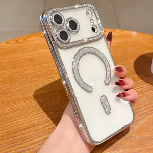 Magnetic Glitter Rhinestone Case for iPhone 17 16 Pro Sparkling TPU Clear Cover with MagSafe Glitter Bomb Phone Case for Stylish Protection