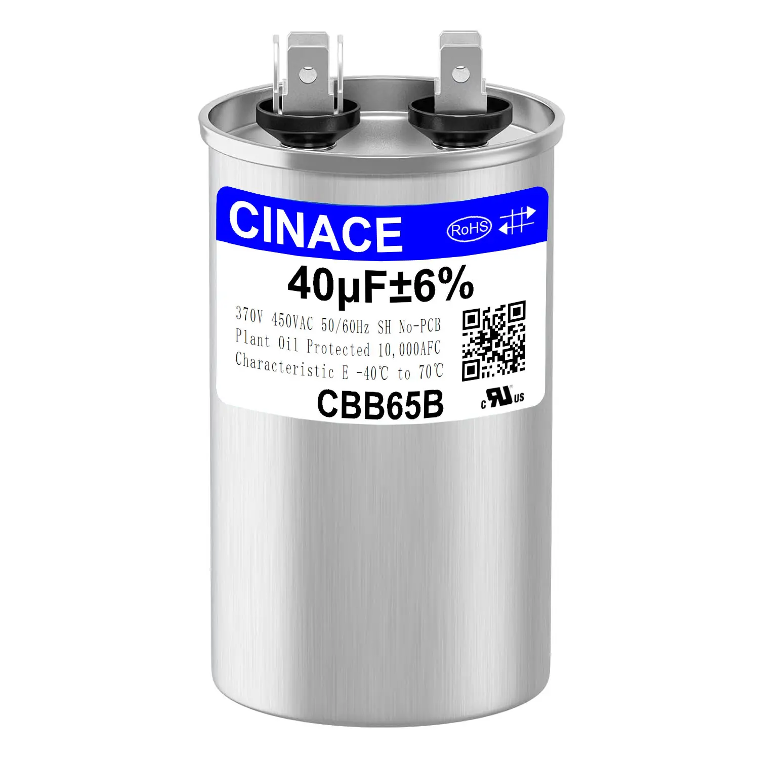 CINACE 40µf±6% 40MFD,Start Circular Capacitor,  370/450VAC 50/60Hz, 100*50mm Compact Size for Air Conditioners, AC Motors