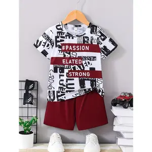 2pcs Boys' Summer Casual Irregular Letter Print Patchwork Short Sleeve Round Neck T-Shirt And Shorts Set, Comfortable Summer Outfit for Boys, for Outdoor